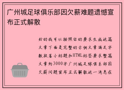 广州城足球俱乐部因欠薪难题遗憾宣布正式解散 广州城足球俱乐部因欠薪难题遗憾宣布正式解散